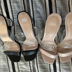 Nordstroms Bp clear Nola sandals with black leather strap on one & tan/nude